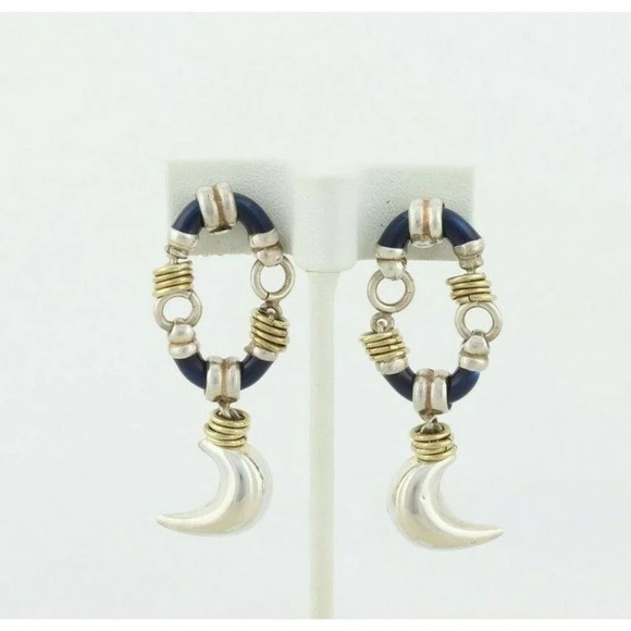 Sterling Silver Blue Crescent Moon Earrings Puffy Moon Dangle Drop Earrings - Picture 5 of 6
